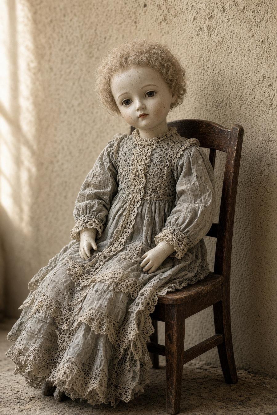 Beispielhafte Porzellanpuppe in einem Kleid.
