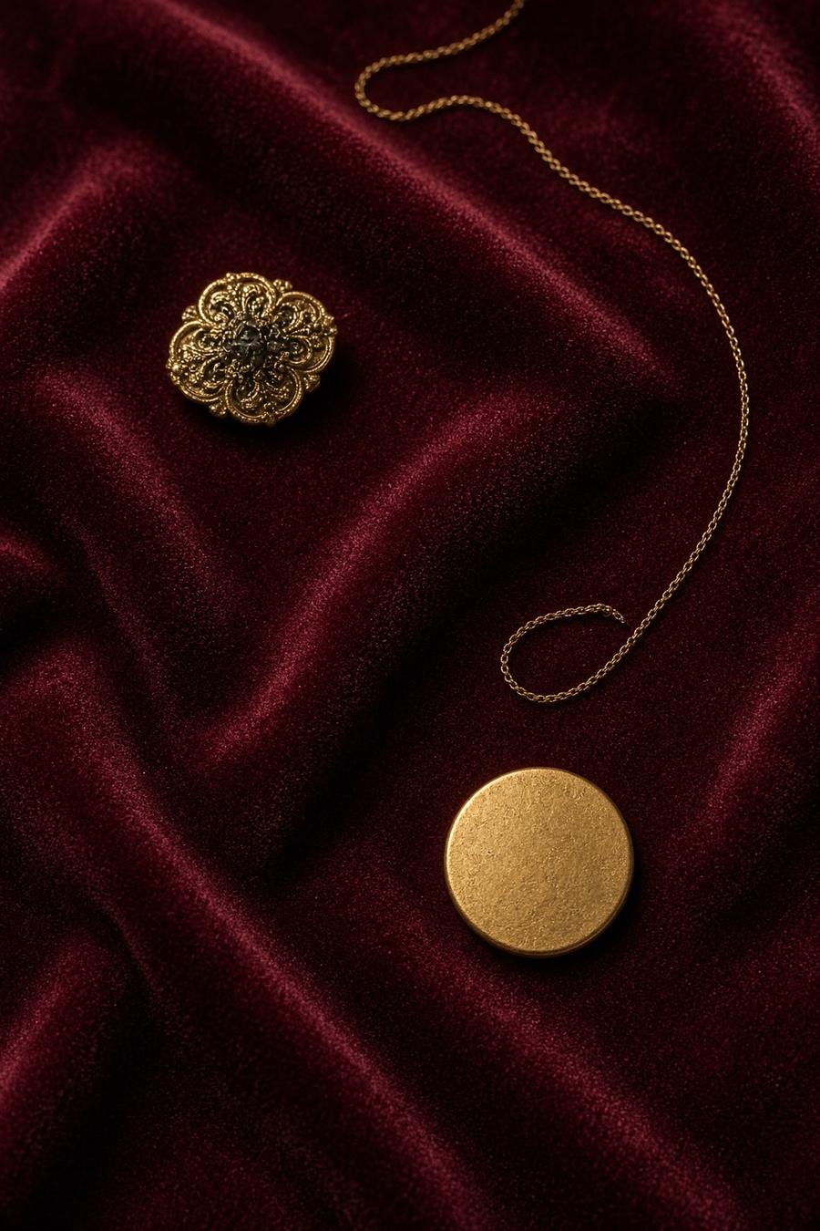 Beispielhaftes altes Gold: Brosche, Kette und Münze.