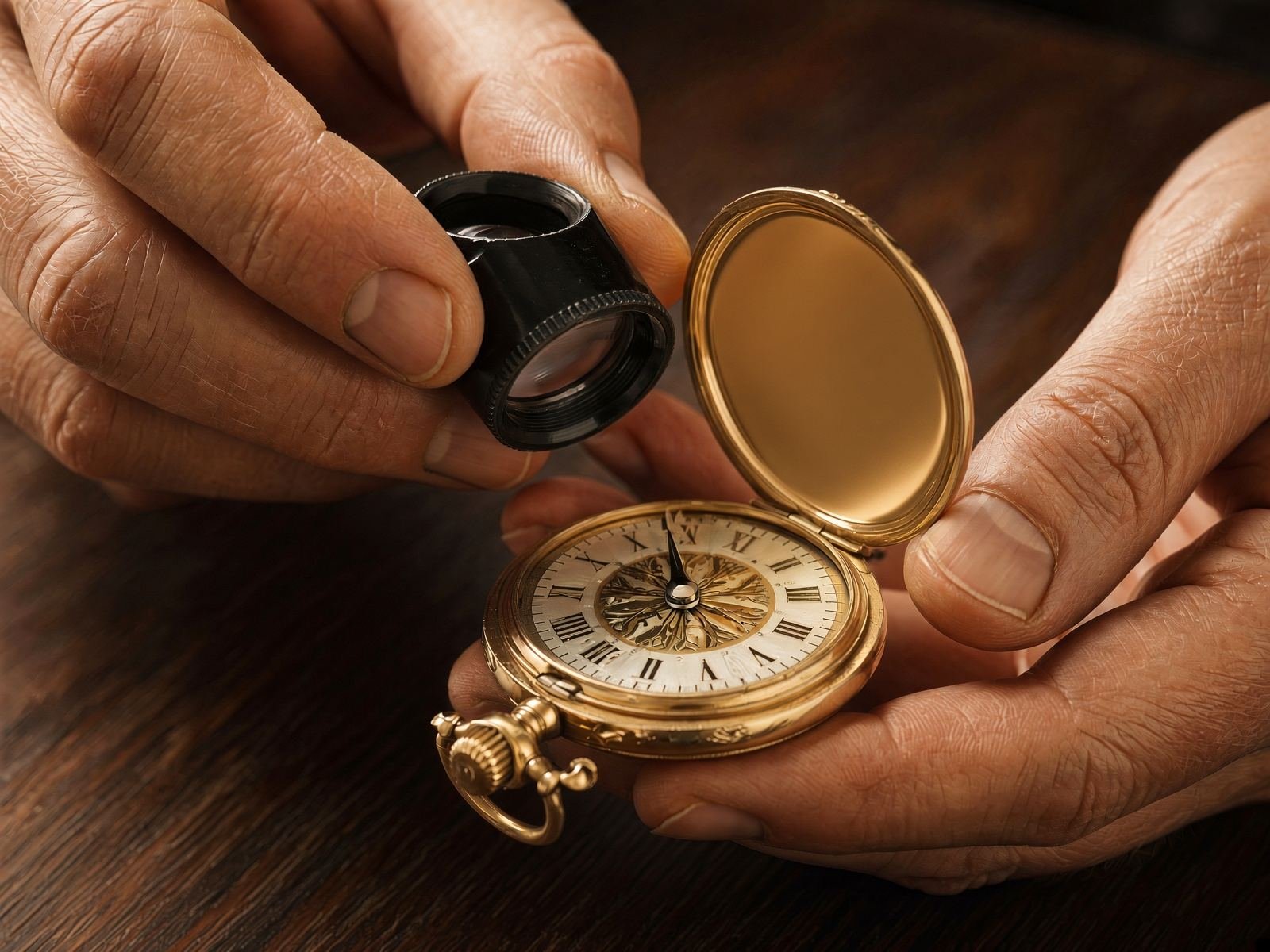 Hände mit einer Lupe über dem Deckel einer goldenen Taschenuhr.